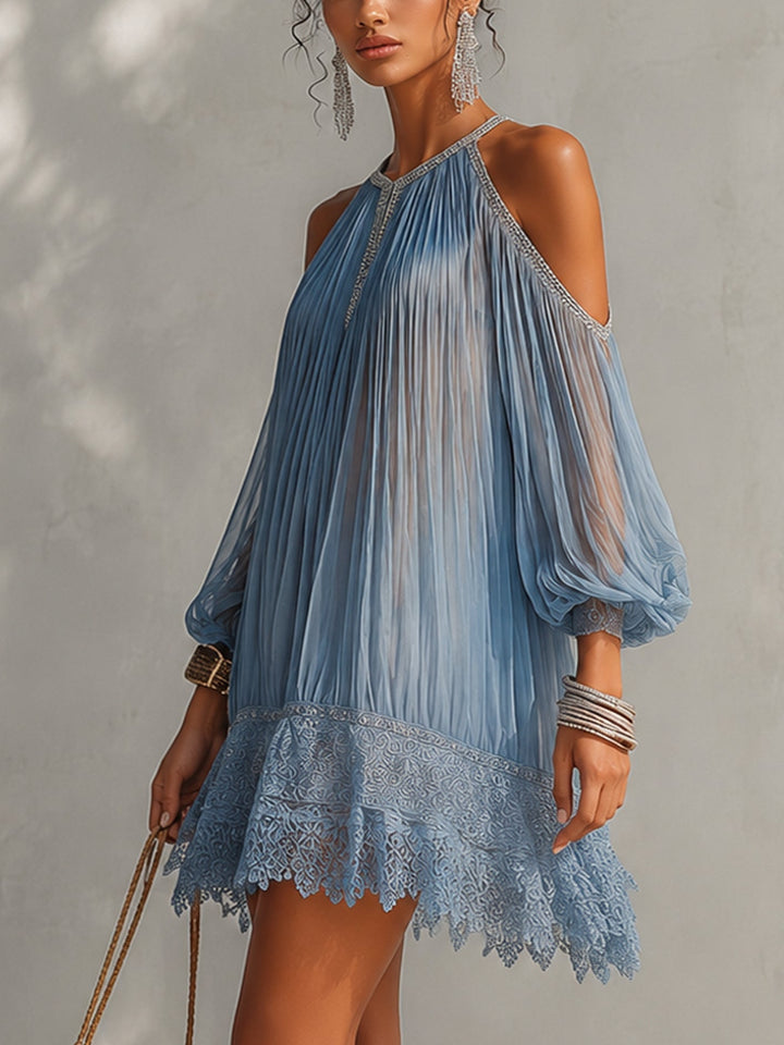 Off-Shoulder Blue Ruffled Mini Dress with Lace Hem