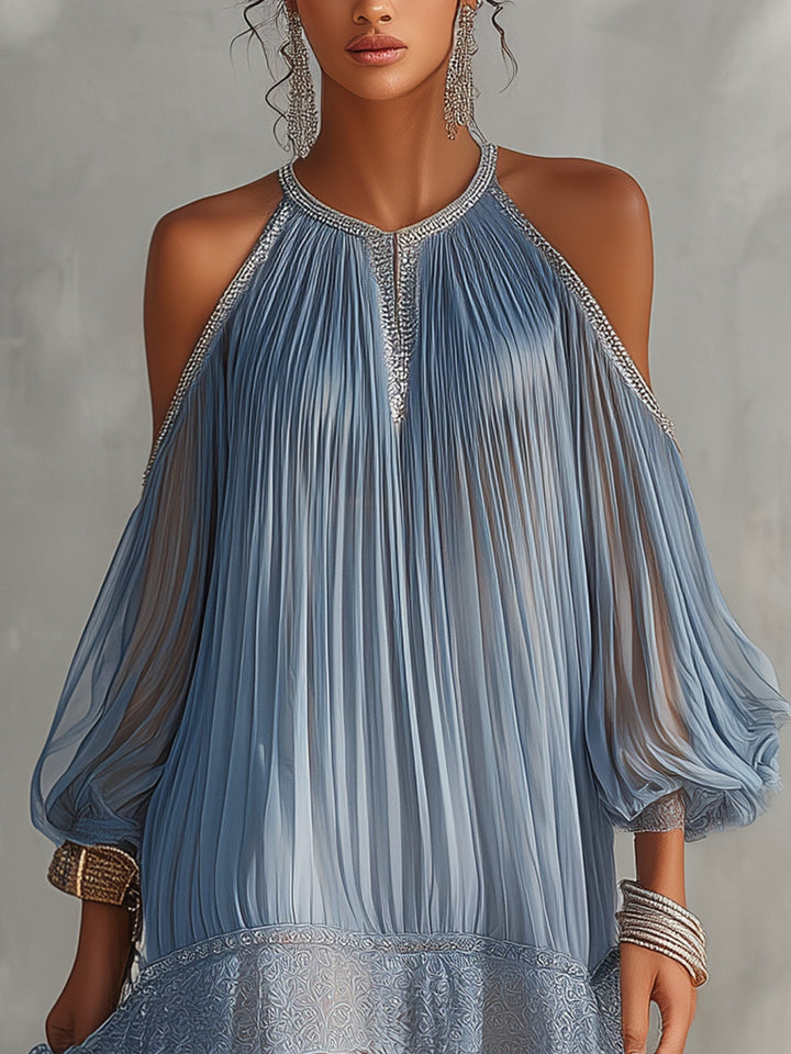 Off-Shoulder Blue Ruffled Mini Dress with Lace Hem