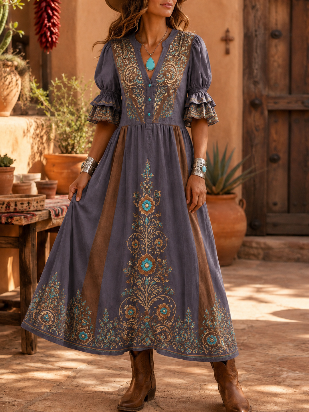 Women's Retro Art Print Washed Cotton Lace Patchwork Midi Dress