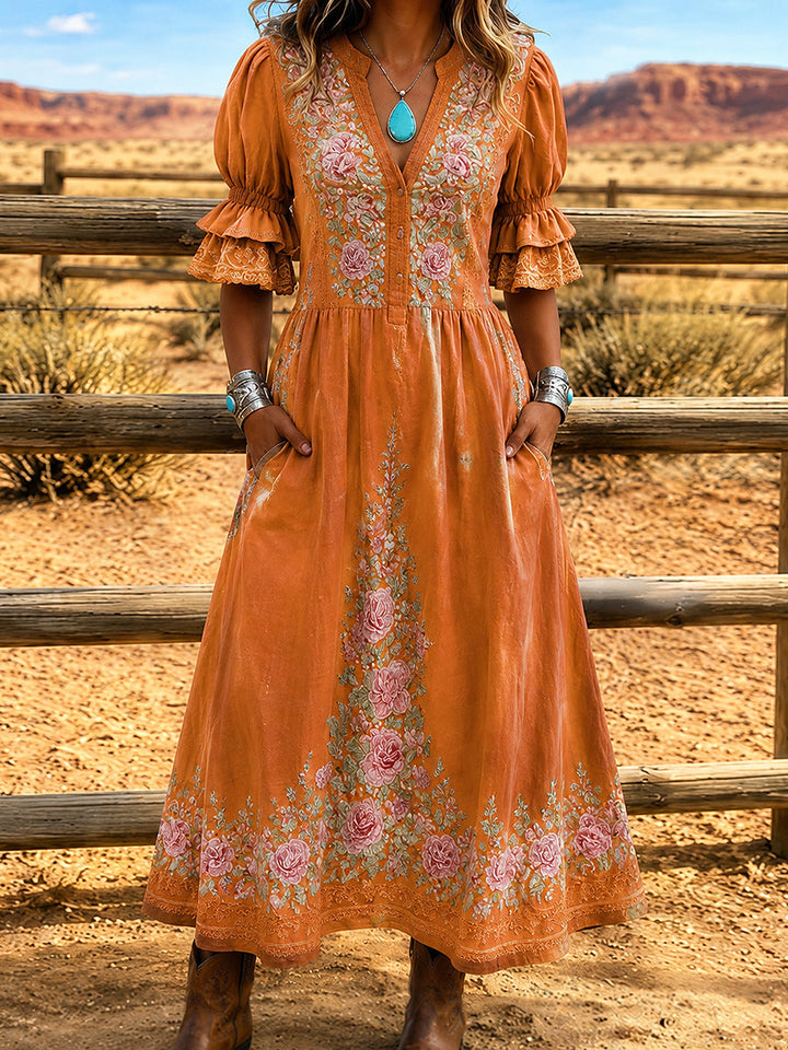 Women's Retro Art Print Washed Cotton Lace Patchwork Midi Dress