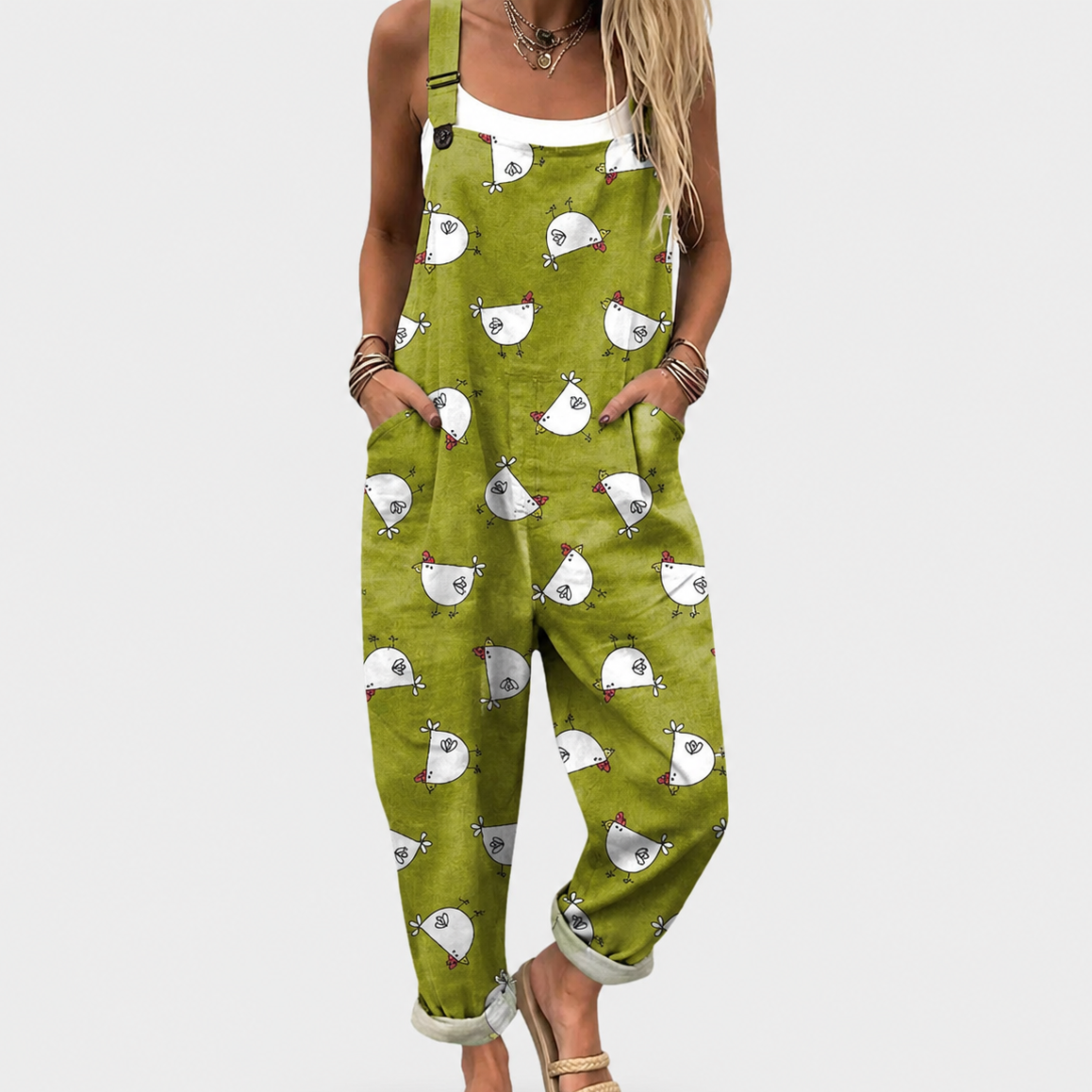 SOFT OLIVE GREEN JUMPSUIT WITH HEN PATTERN