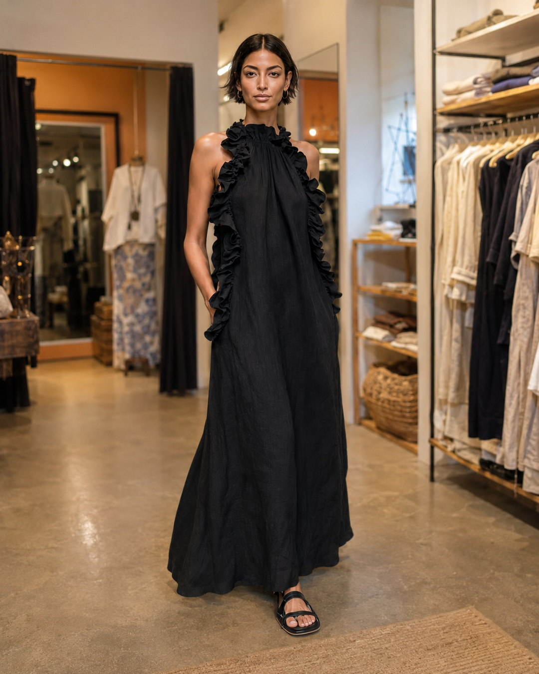 Helene | Sleeveless Linen Maxi Dress with Ruffles