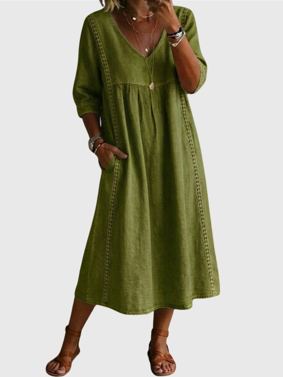 Sheena | Casual Loose-fitting Patchwork Lace Trim Linen And Cotton Dress