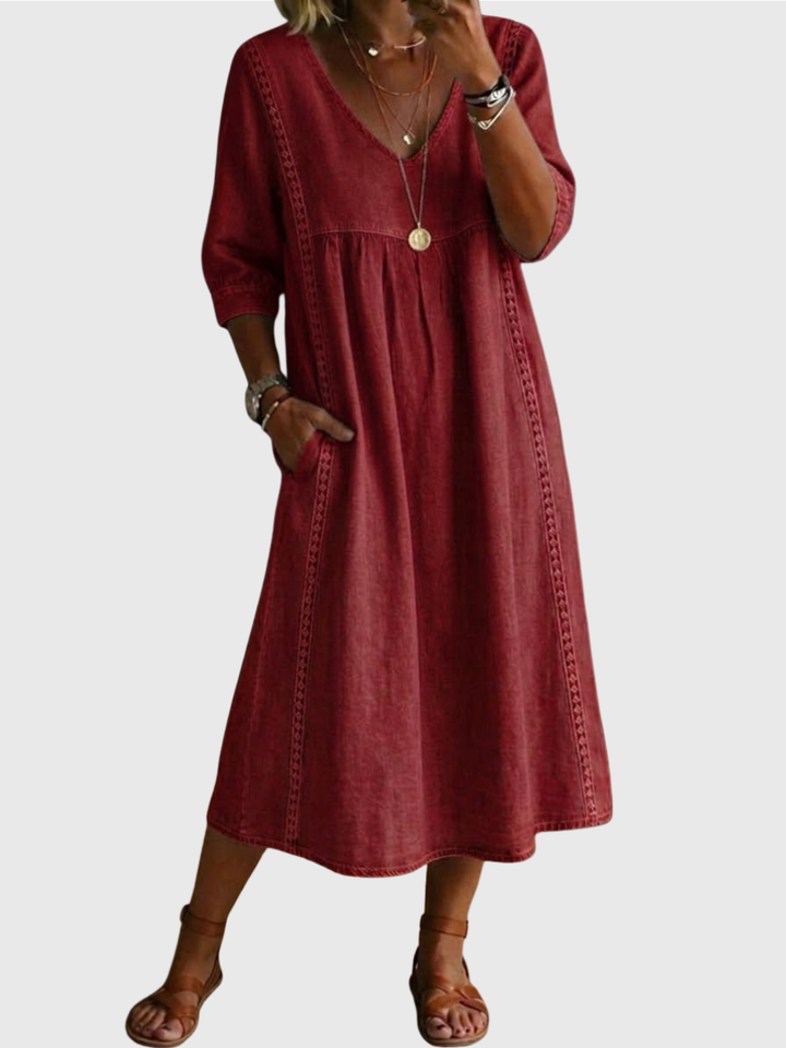 Sheena | Casual Loose-fitting Patchwork Lace Trim Linen And Cotton Dress