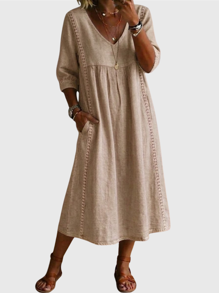 Sheena | Casual Loose-fitting Patchwork Lace Trim Linen And Cotton Dress