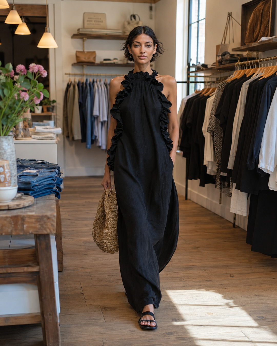 Helene | Sleeveless Linen Maxi Dress with Ruffles