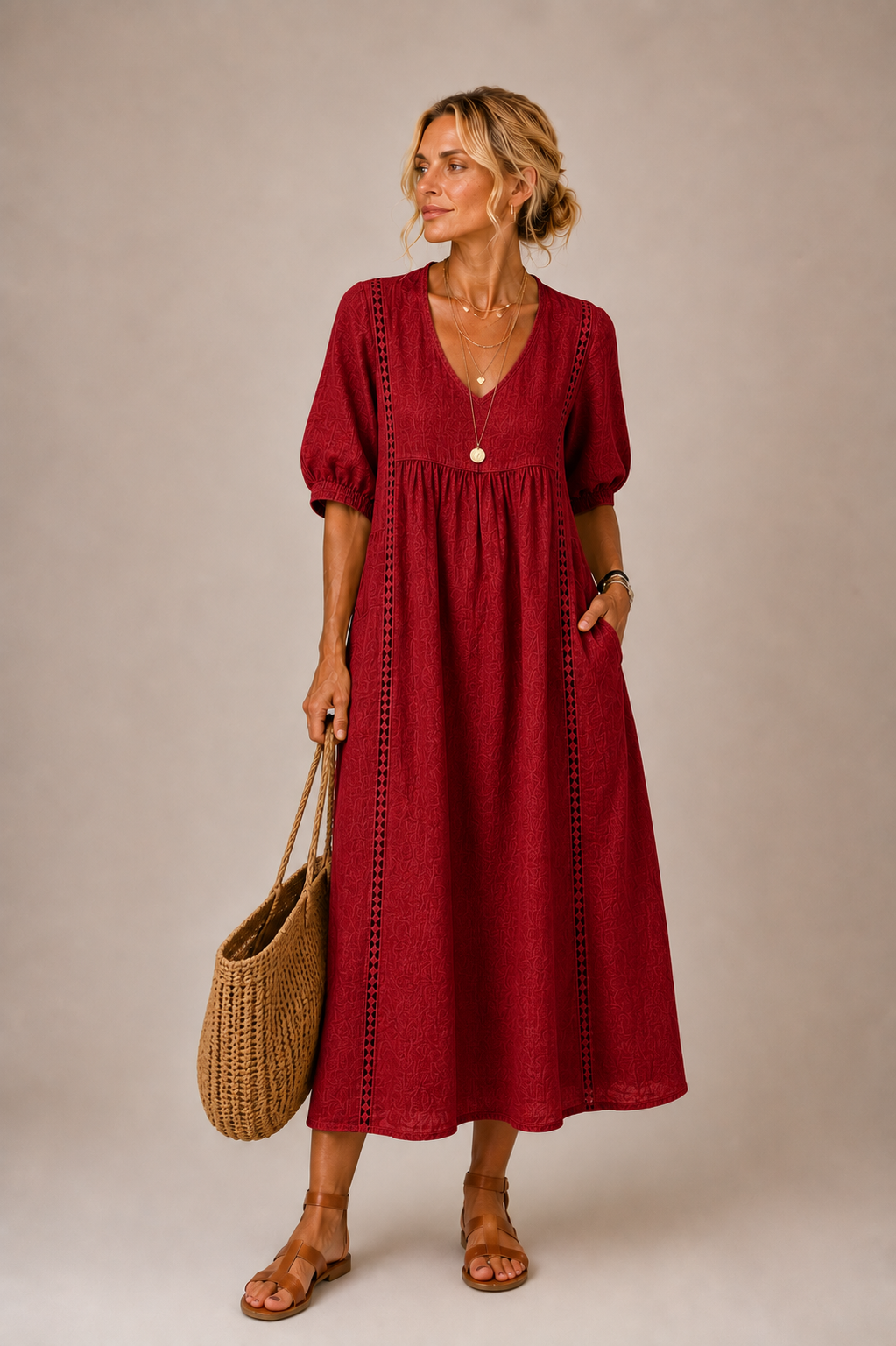 Sefi | Lace Detail Linen Midi Dress