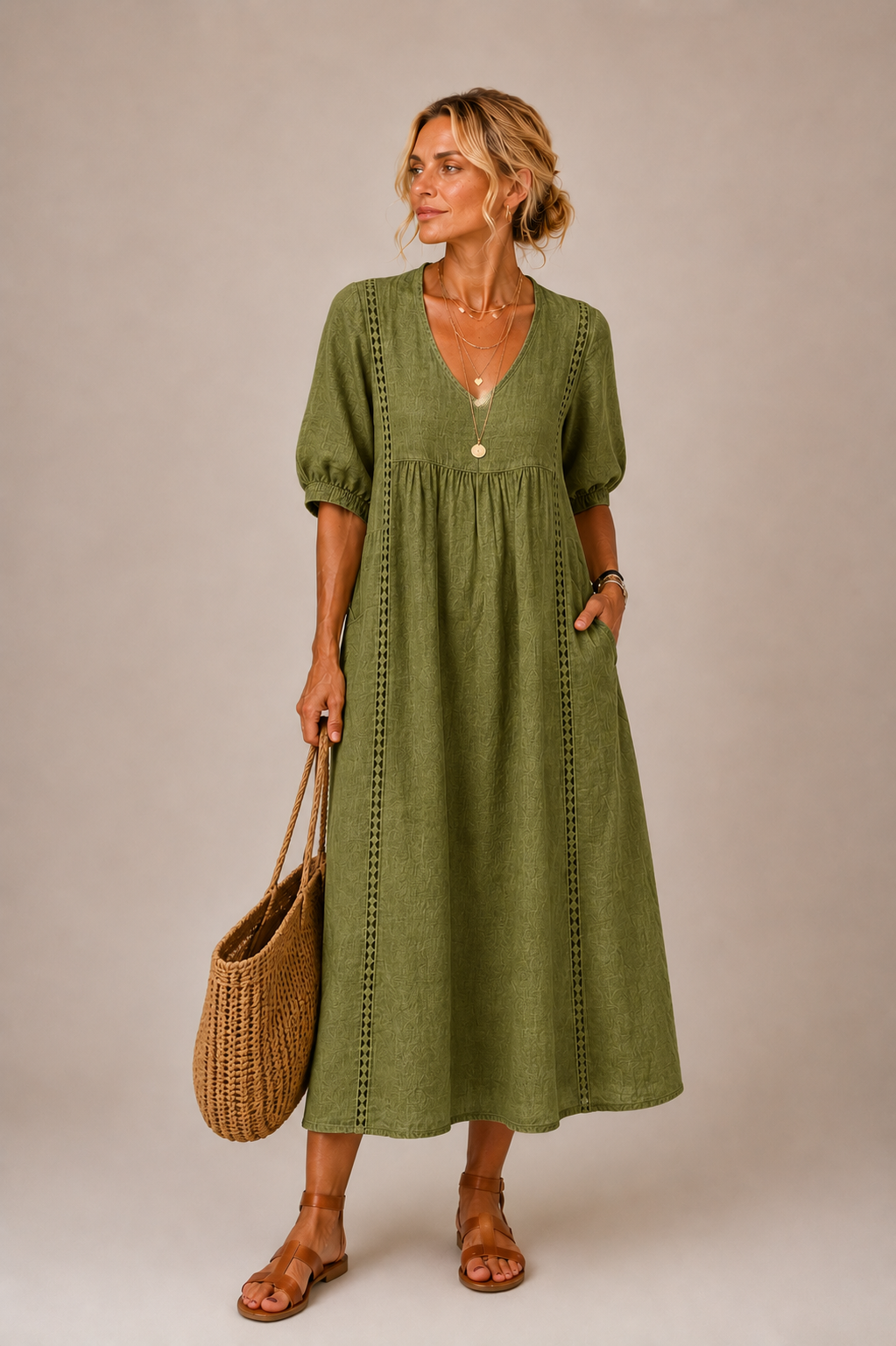Sefi | Lace Detail Linen Midi Dress