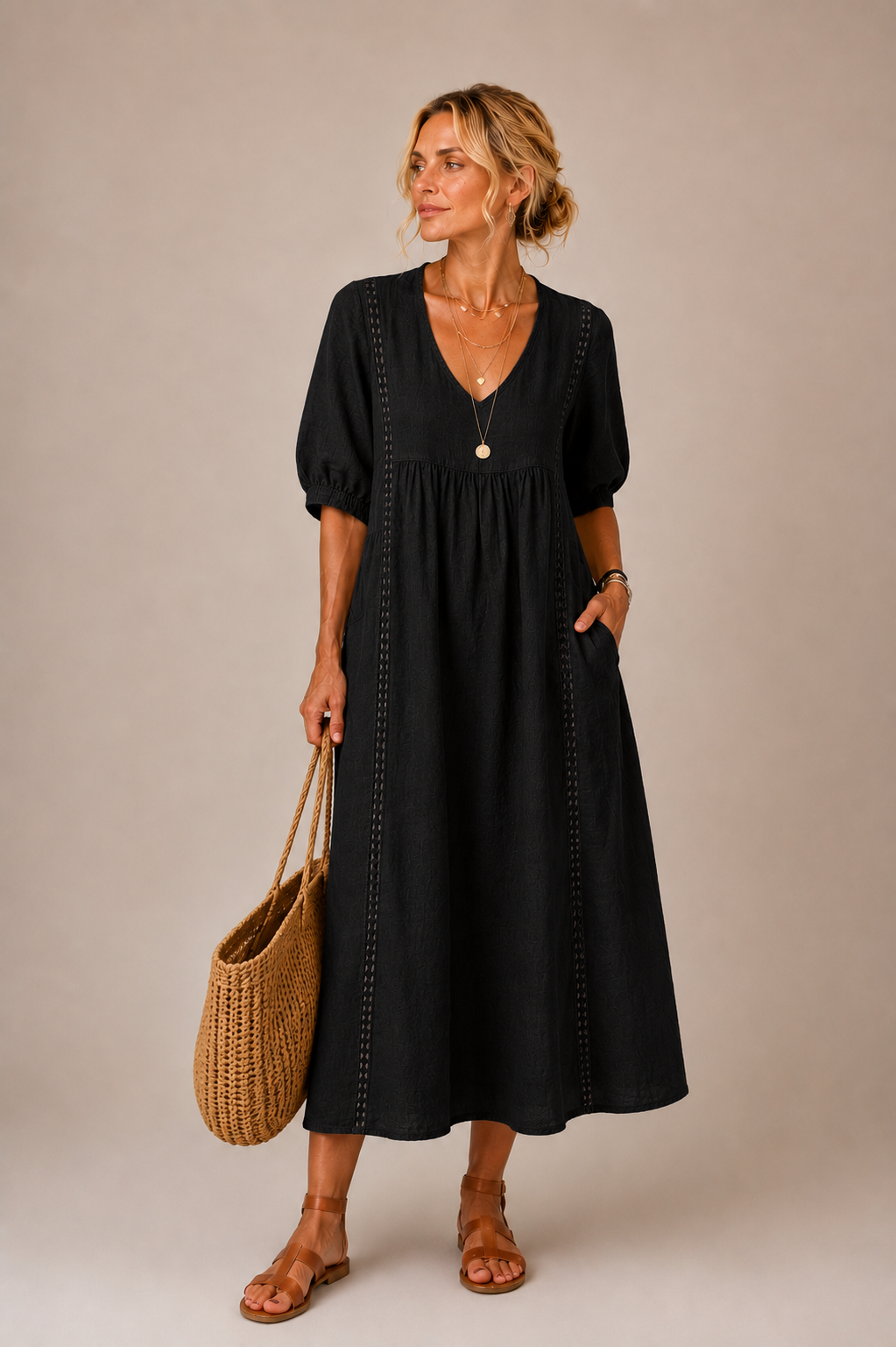 Sefi | Lace Detail Linen Midi Dress