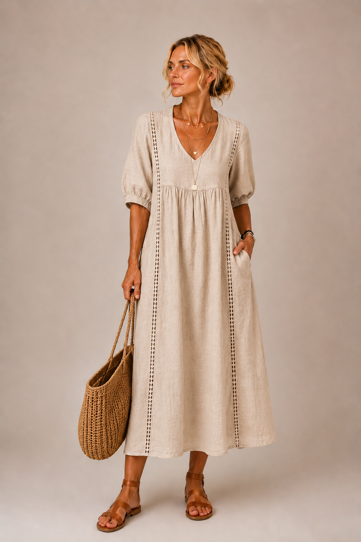 Sefi | Lace Detail Linen Midi Dress