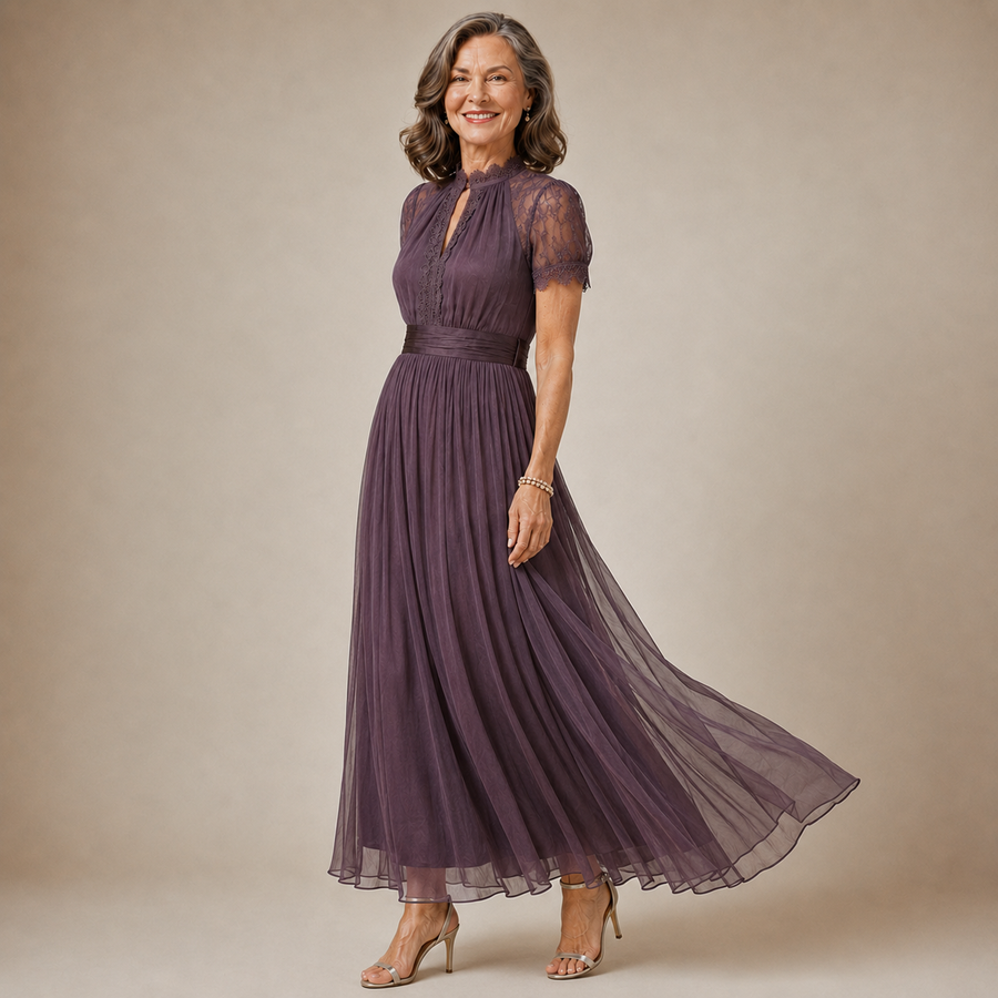 FLAVIA | Long Violet Lace Dress Elegant Silhouette Special Occasion