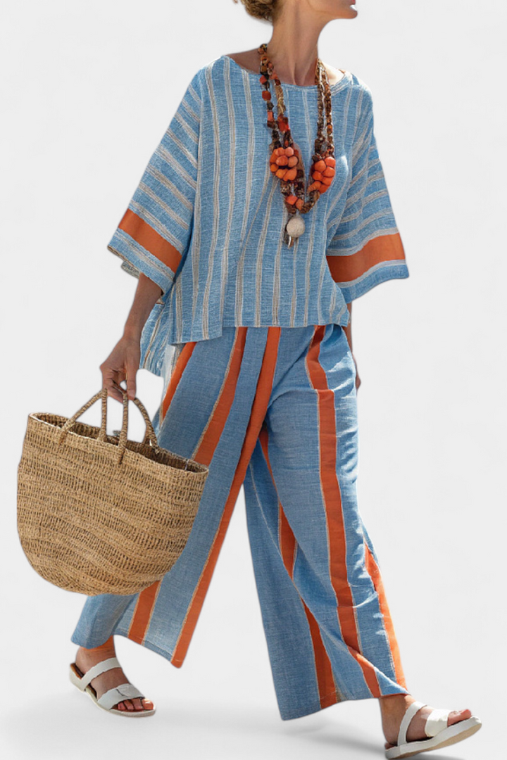 Celeste | Sophisticated Terracotta Striped Top & Linen Pants