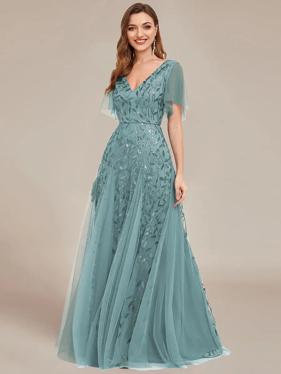 Tessa | Sequin Ruffle Sleeve Evening Dress