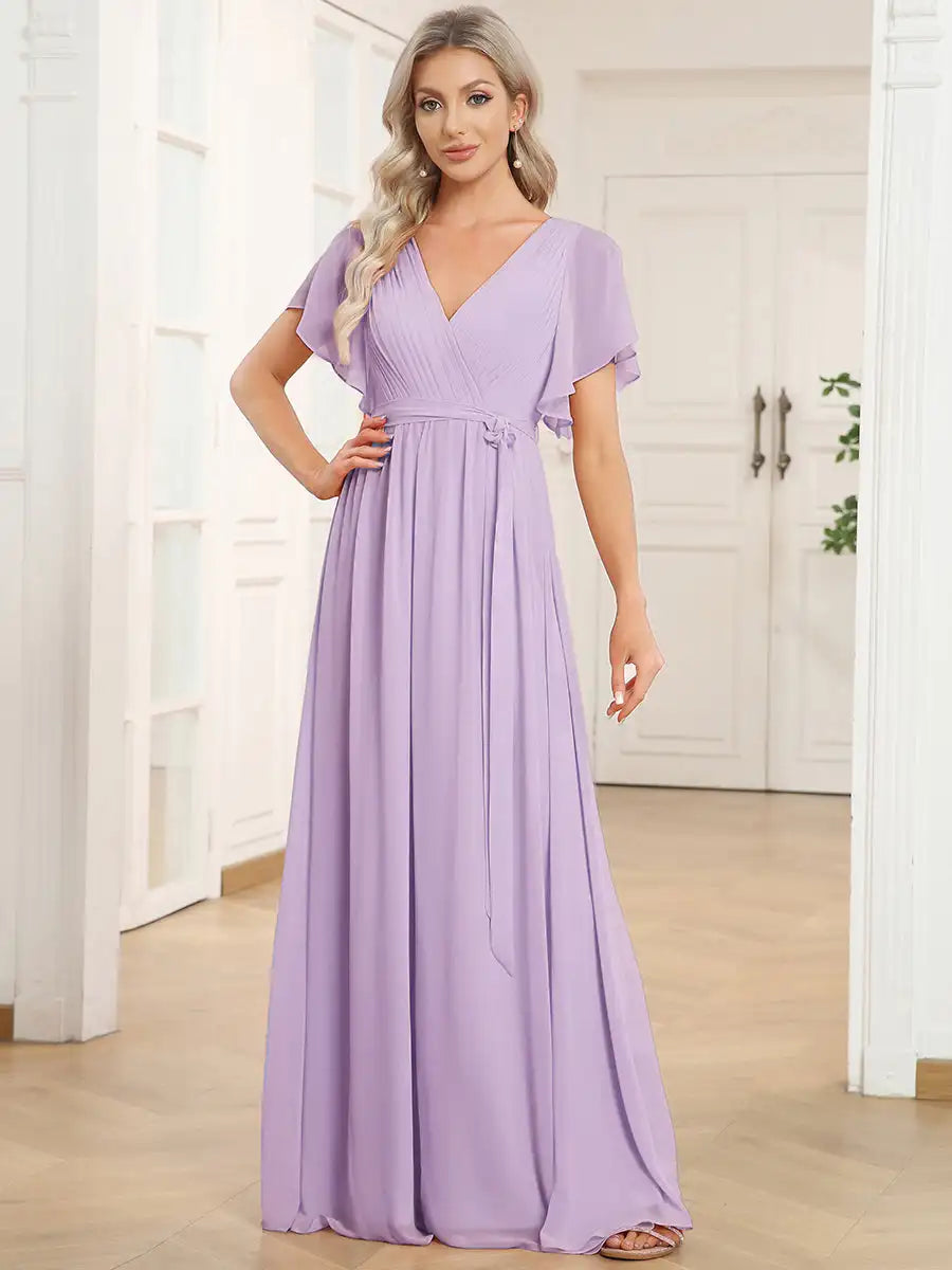 Celeste | Chiffon Ruffle Sleeve Evening Gown