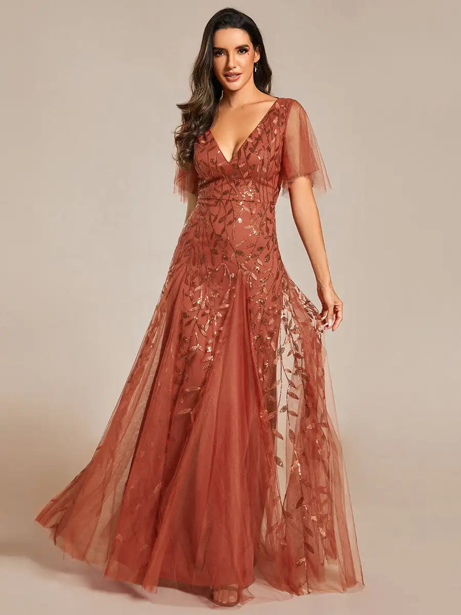 Tessa | Sequin Ruffle Sleeve Evening Dress