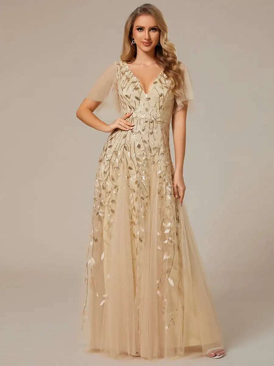 Tessa | Sequin Ruffle Sleeve Evening Dress
