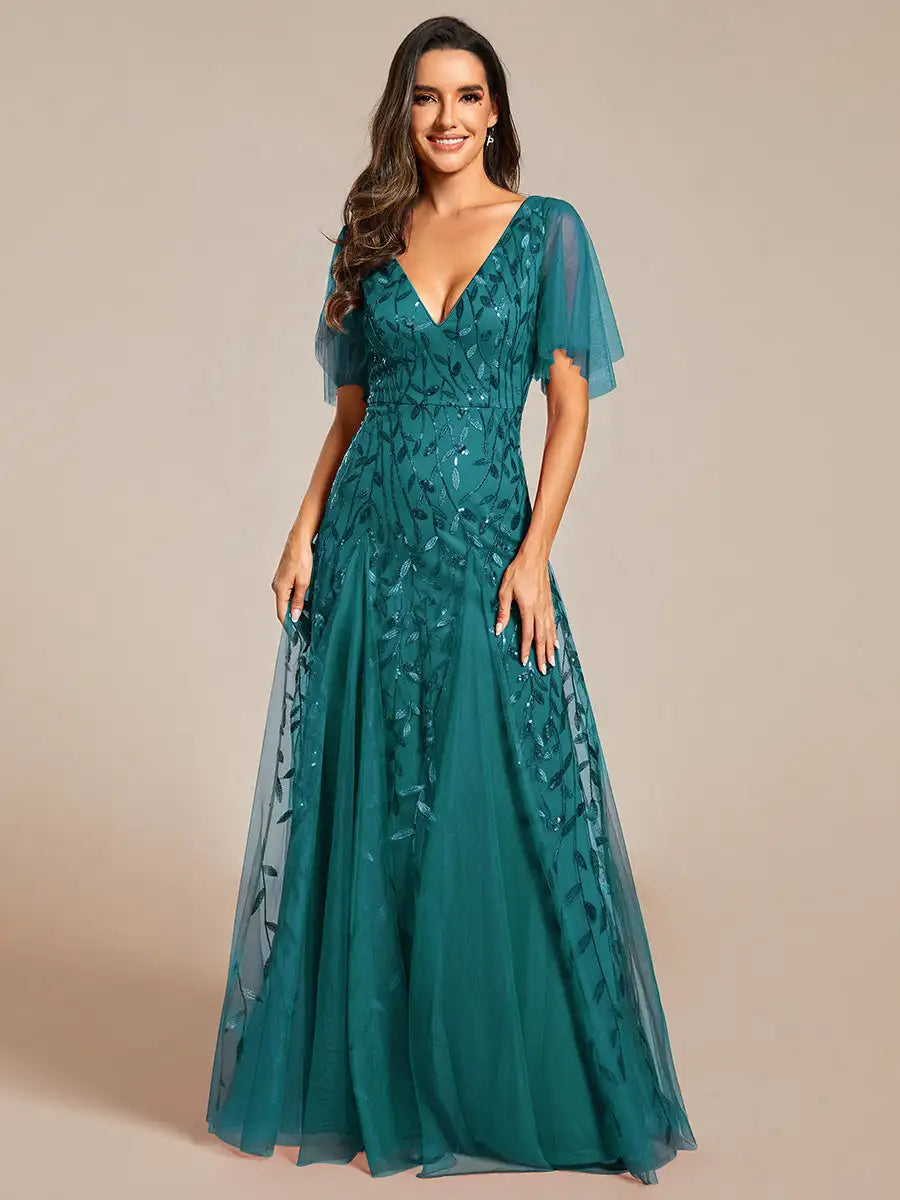 Tessa | Sequin Ruffle Sleeve Evening Dress
