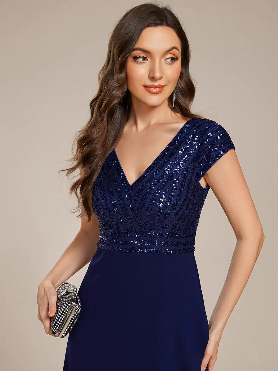 Nova | Sequin Detail V-Neck Evening Dress