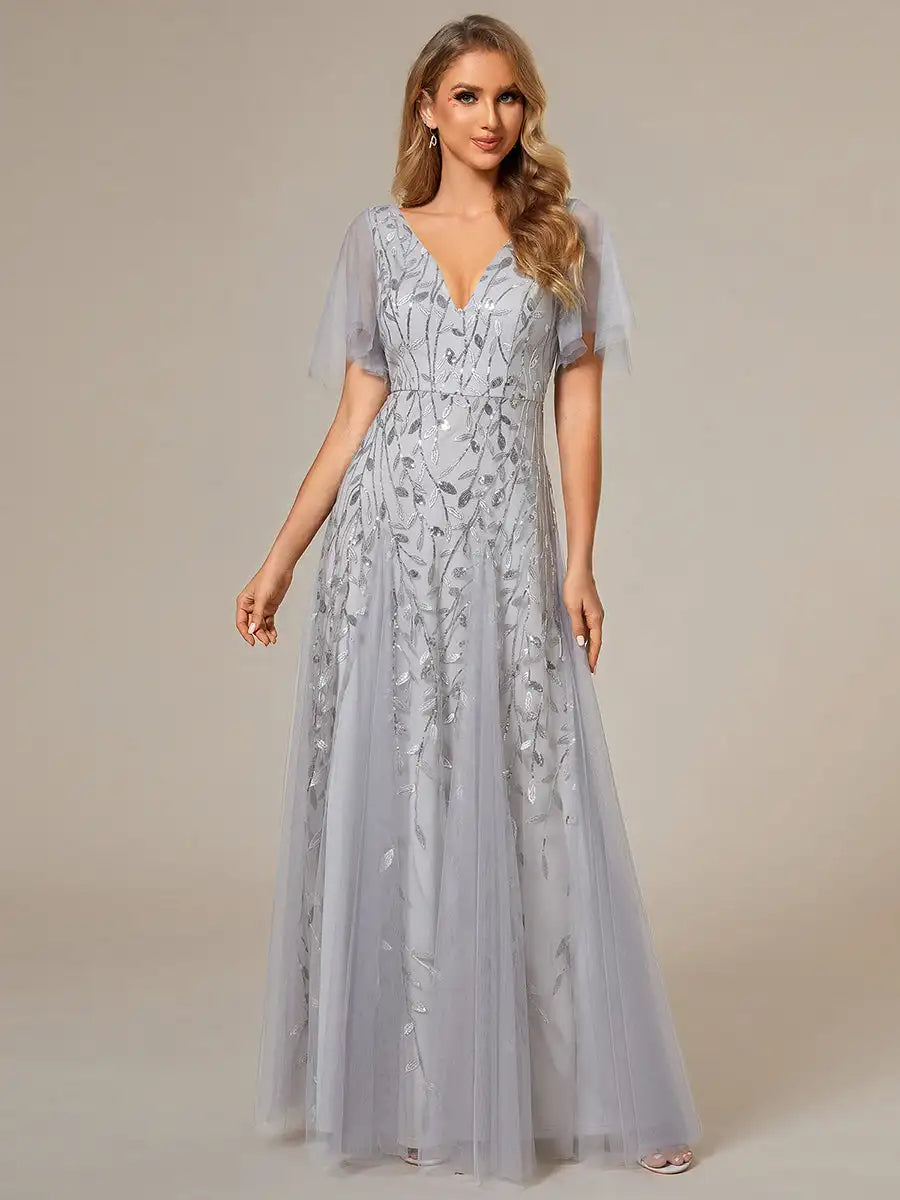 Tessa | Sequin Ruffle Sleeve Evening Dress