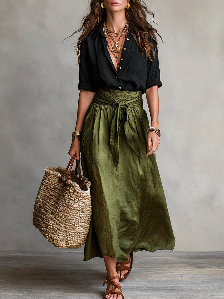 Vera™ | Two-Piece Set: Black Blouse and Olive Green Midi Skirt