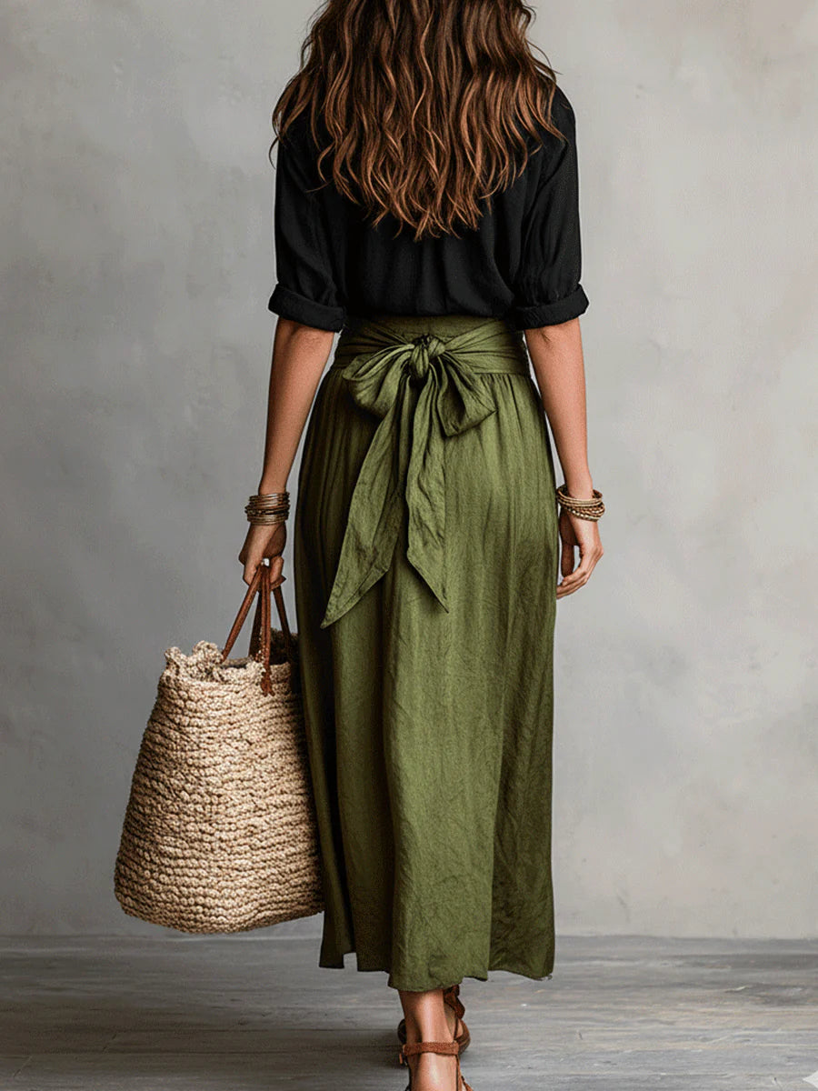 Vera™ | Two-Piece Set: Black Blouse and Olive Green Midi Skirt