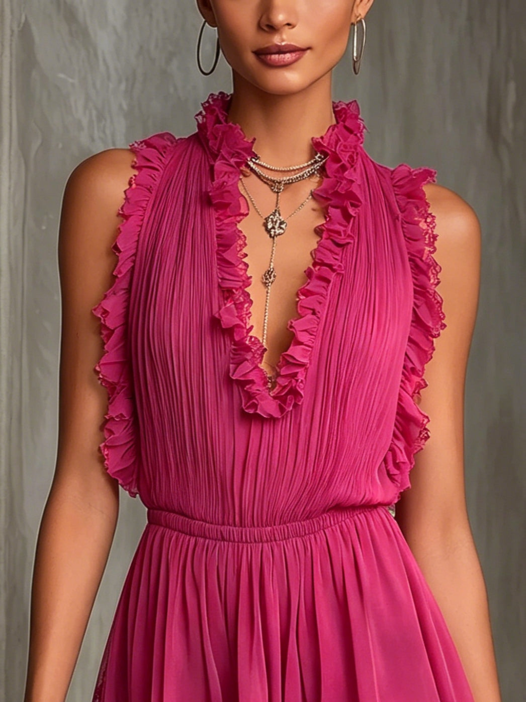Fuchsia Pleated Chiffon Jumpsuit with Lace and Ruffles