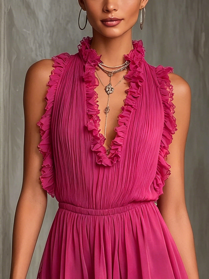 Fuchsia Pleated Chiffon Jumpsuit with Lace and Ruffles