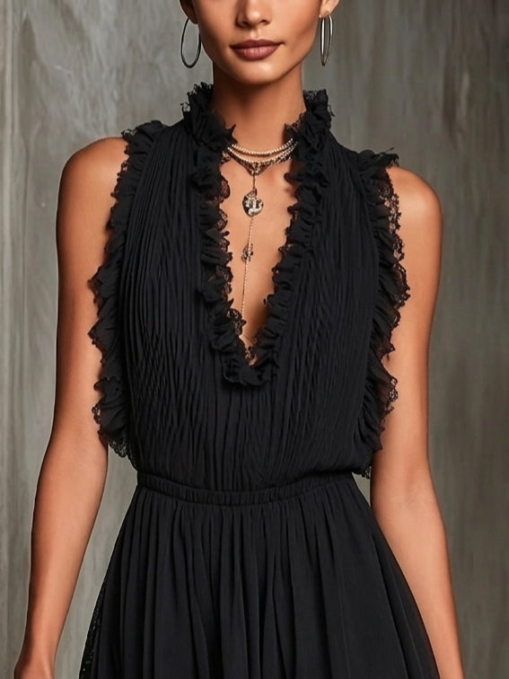 Black Chiffon Jumpsuit with Pleats and Ruffled Edges