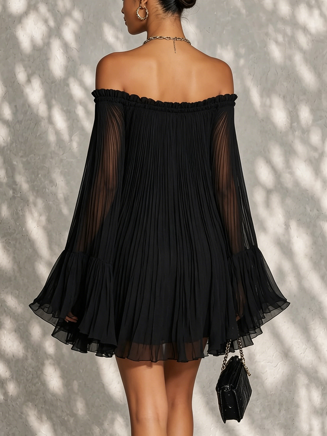 Black Off-Shoulder Mini Dress with Ruffled Bell Sleeves