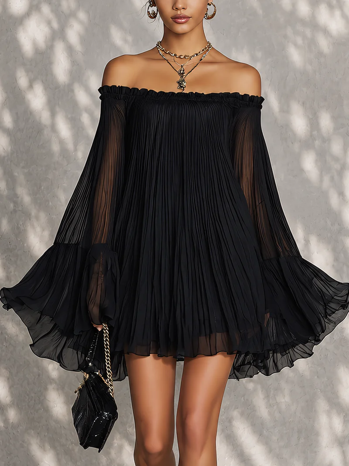 Black Off-Shoulder Mini Dress with Ruffled Bell Sleeves