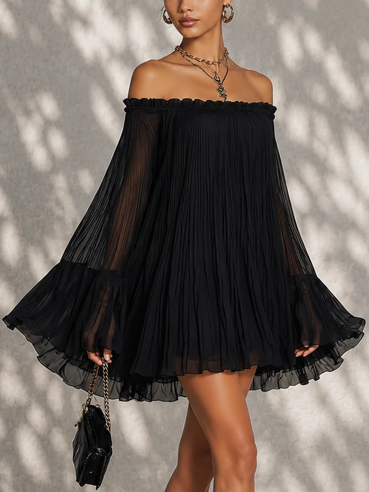 Black Off-Shoulder Mini Dress with Ruffled Bell Sleeves