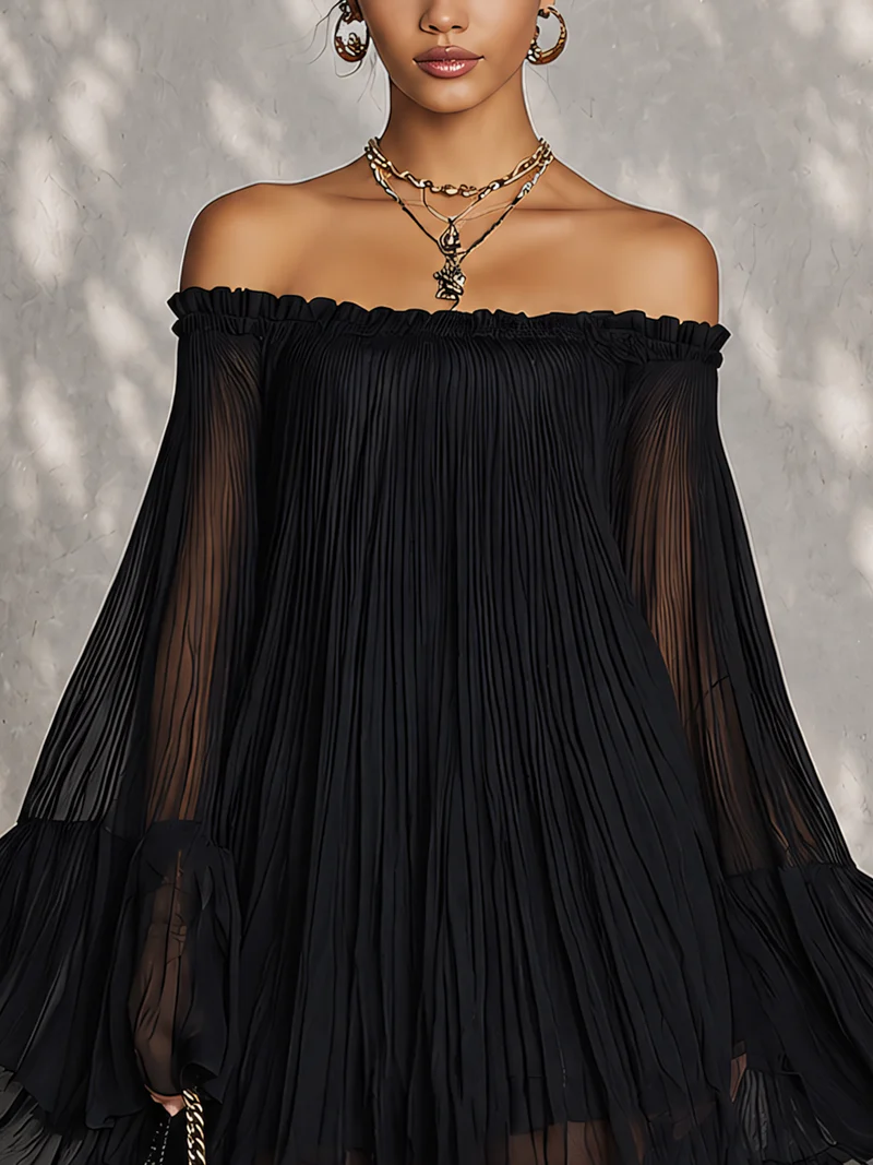 Black Off-Shoulder Mini Dress with Ruffled Bell Sleeves