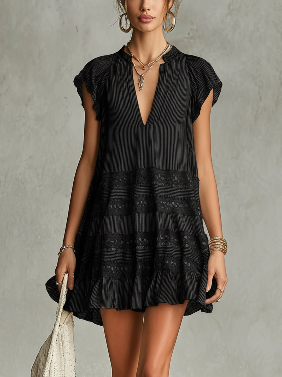 Mini Striped Chiffon Dress with Lace and Ruffles