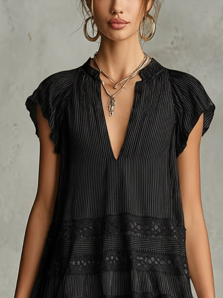 Mini Striped Chiffon Dress with Lace and Ruffles