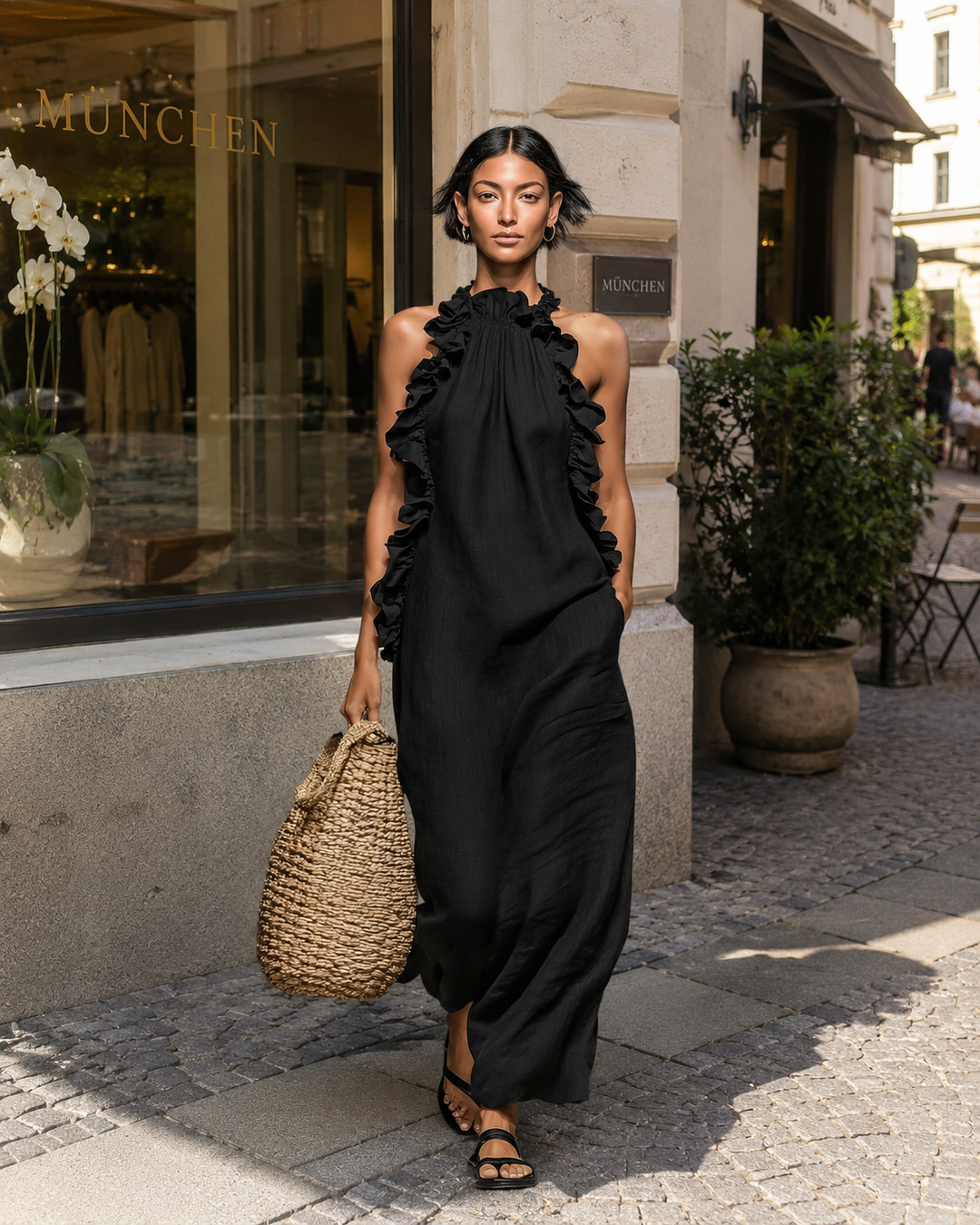 Helene | Sleeveless Linen Maxi Dress with Ruffles
