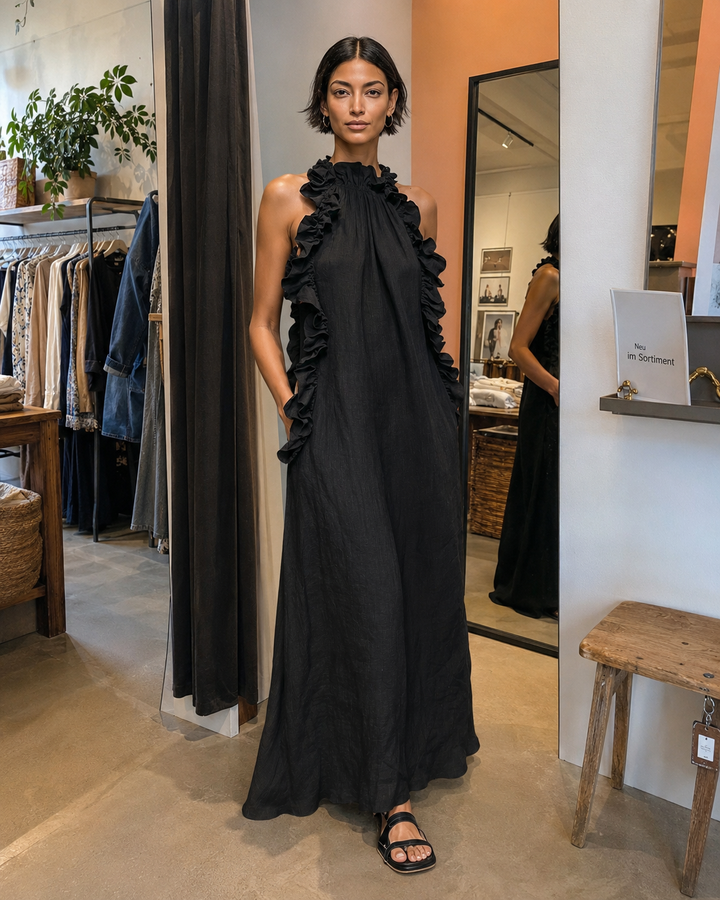 Helene | Sleeveless Linen Maxi Dress with Ruffles