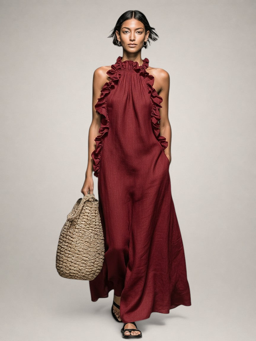 Helene | Sleeveless Linen Maxi Dress with Ruffles