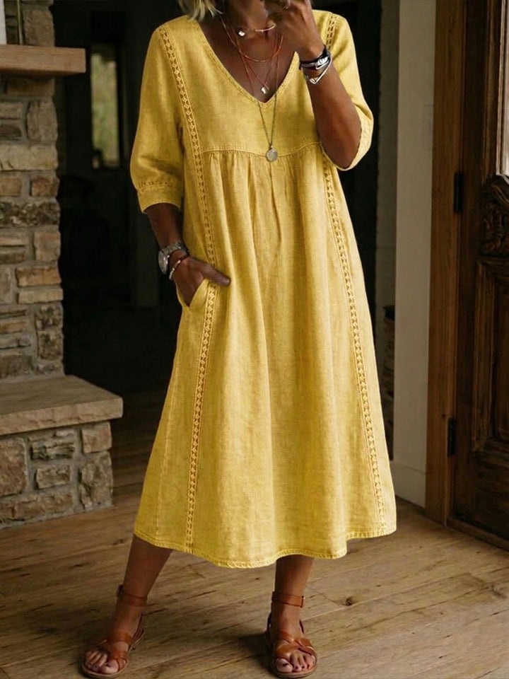 Sheena | Casual Loose-fitting Patchwork Lace Trim Linen And Cotton Dress