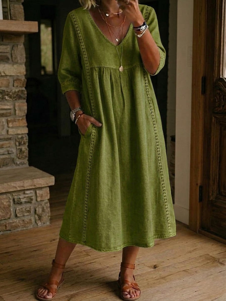 Sheena | Casual Loose-fitting Patchwork Lace Trim Linen And Cotton Dress