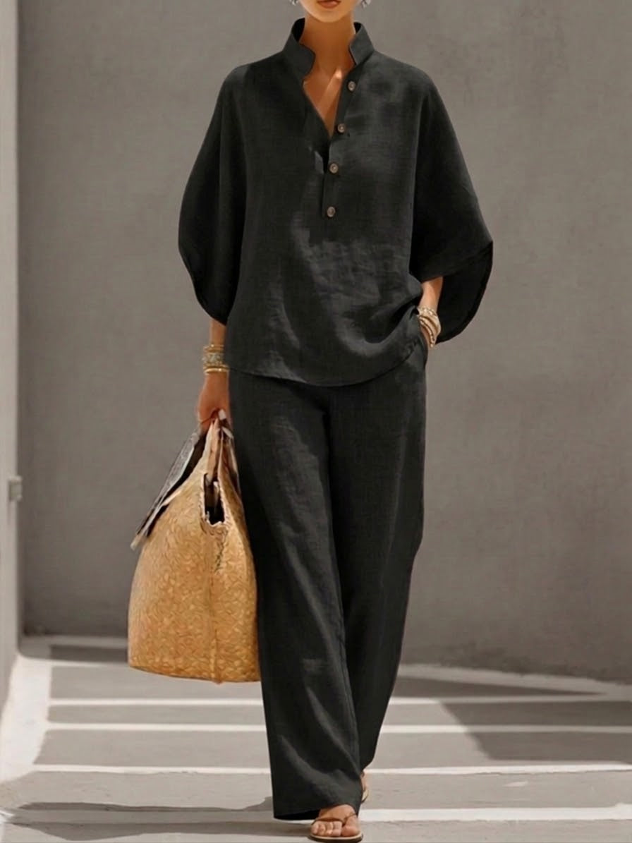 Lorena | Cotton Linen Set with Wide-Leg Pants