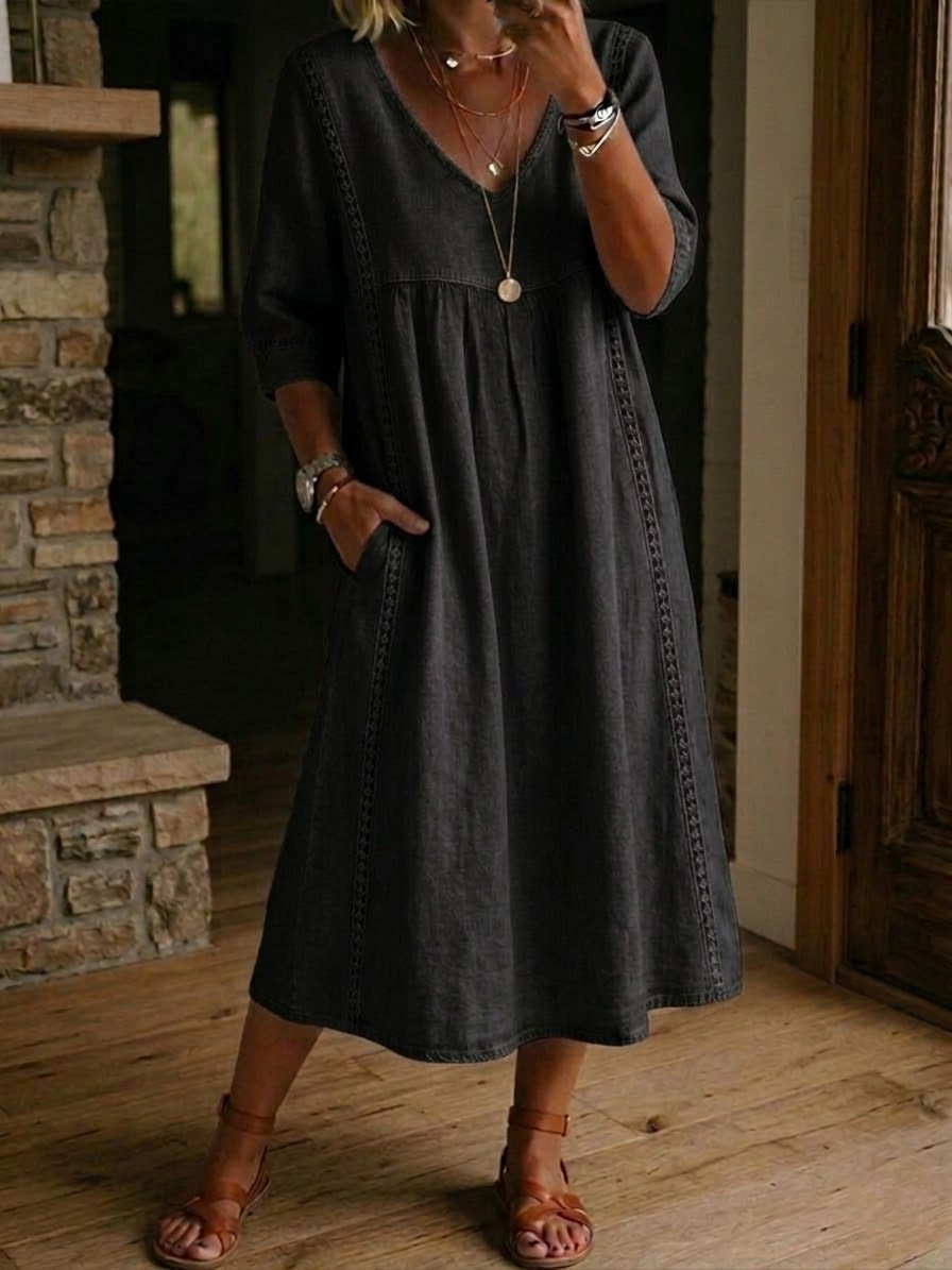 Sheena | Casual Loose-fitting Patchwork Lace Trim Linen And Cotton Dress