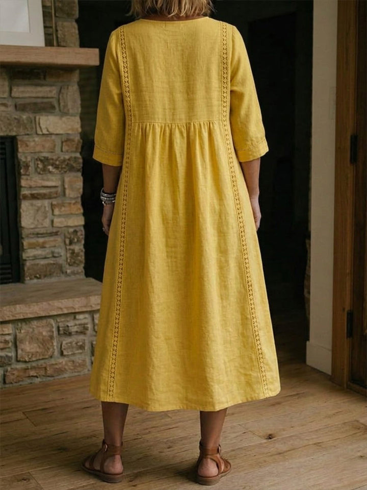 Sheena | Casual Loose-fitting Patchwork Lace Trim Linen And Cotton Dress